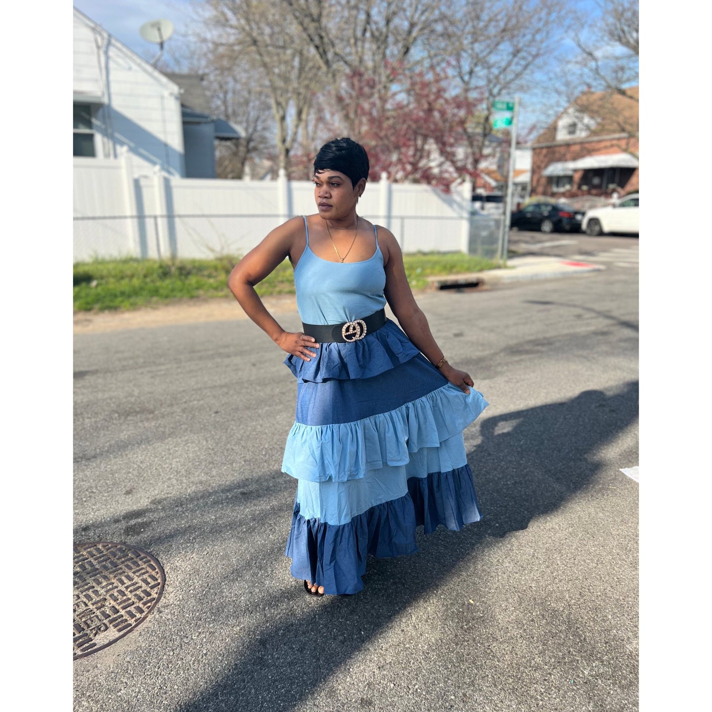 RUFFLE DEMIN MAXI DRESS